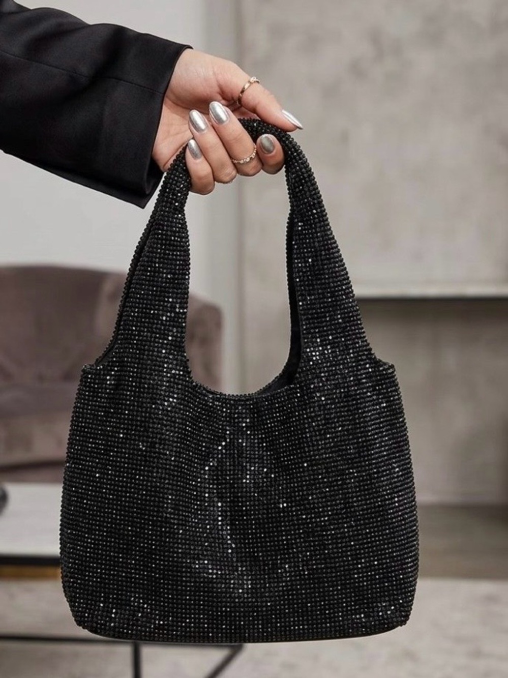 NWT-Victoria’s Secret Sparkle Black slouch Handbag - Picture 1 of 5